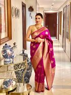 Rani Pink Banarasi Soft Silk Saree with Gold Woven Motifs - pink