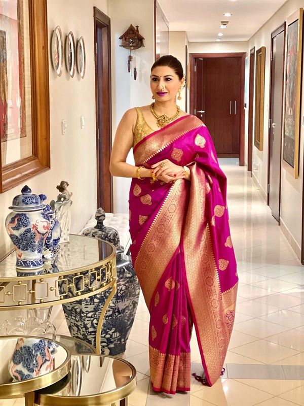 Rani Pink Banarasi Soft Silk Saree with Gold Woven Motifs