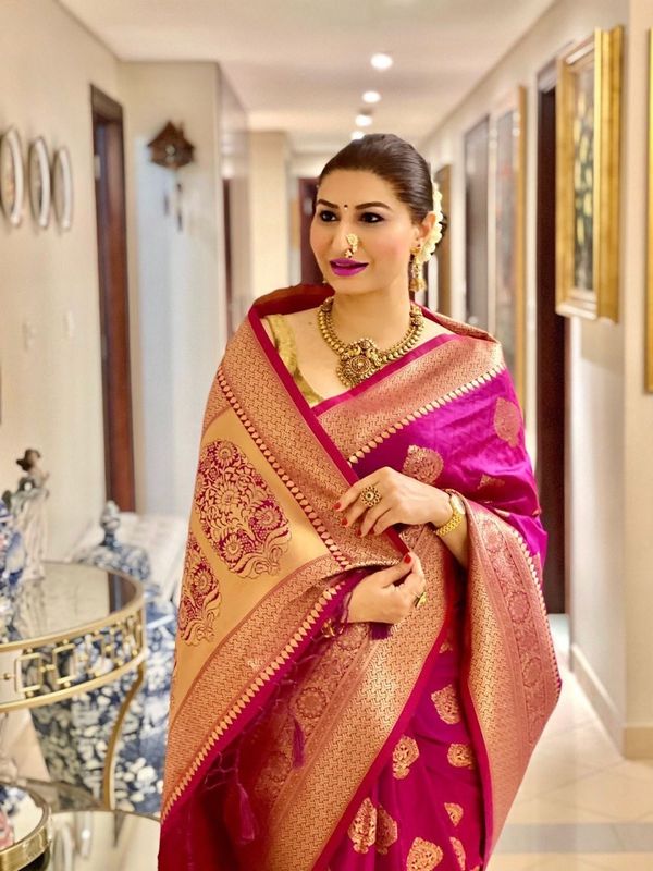 Rani Pink Banarasi Soft Silk Saree with Gold Woven Motifs