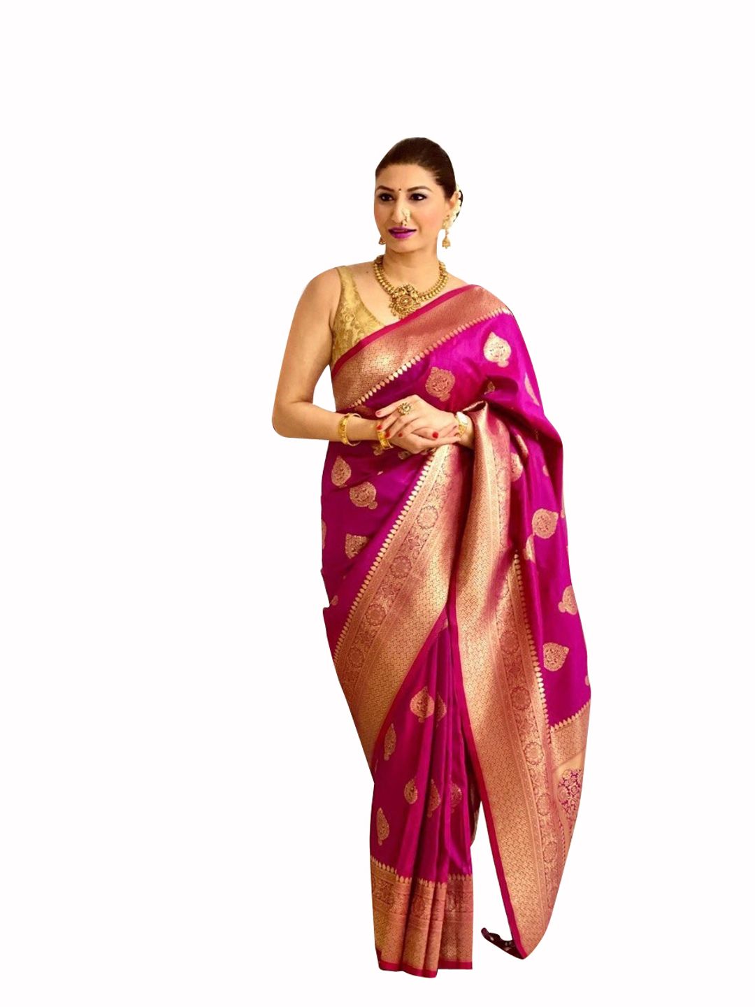 Rani Pink Banarasi Soft Silk Saree with Gold Woven Motifs