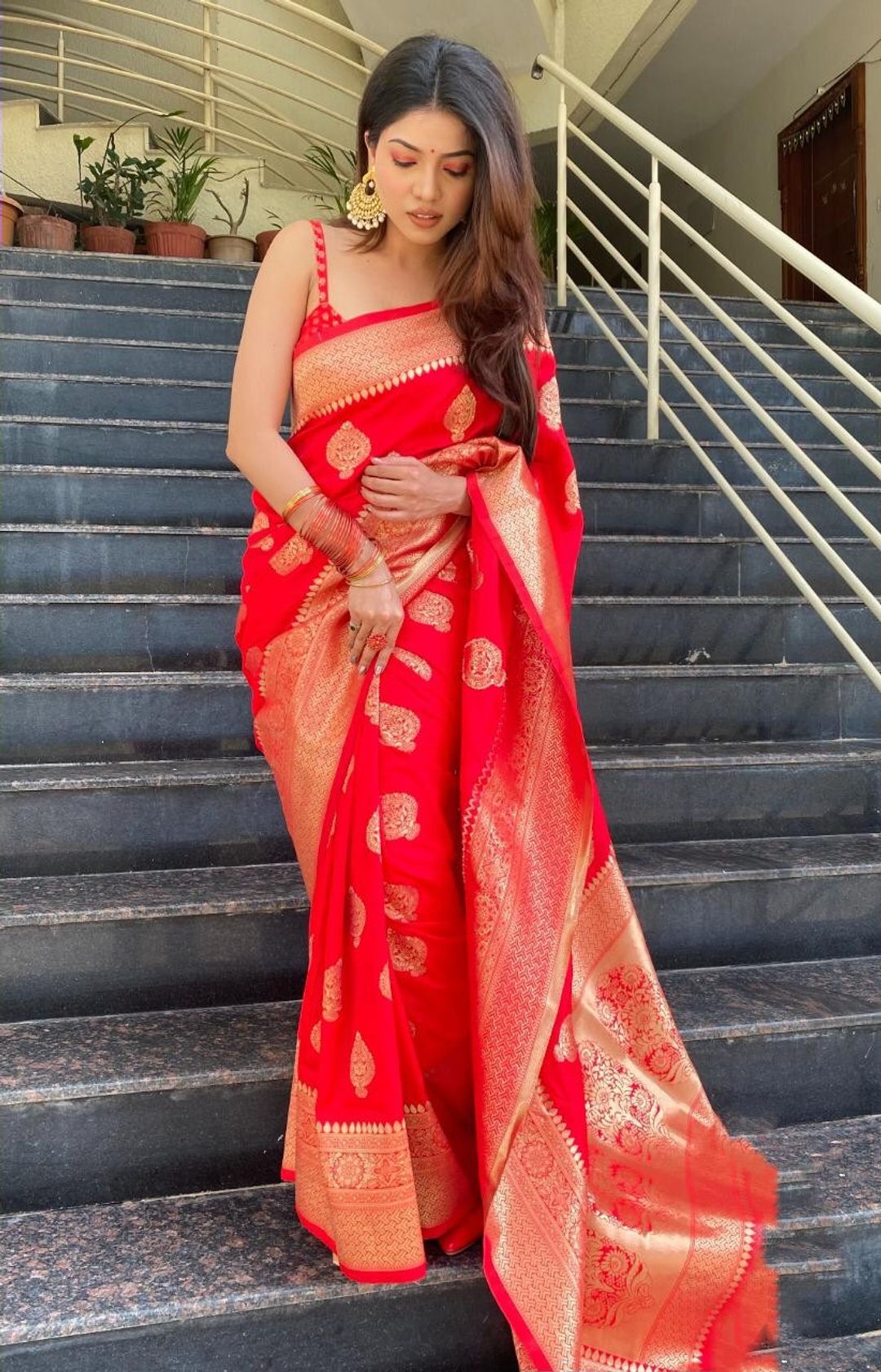 Red Banarasi Soft Silk Saree with Antique Gold Woven Border
