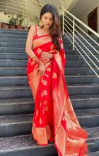 Red Banarasi Soft Silk Saree with Antique Gold Woven Border - Red
