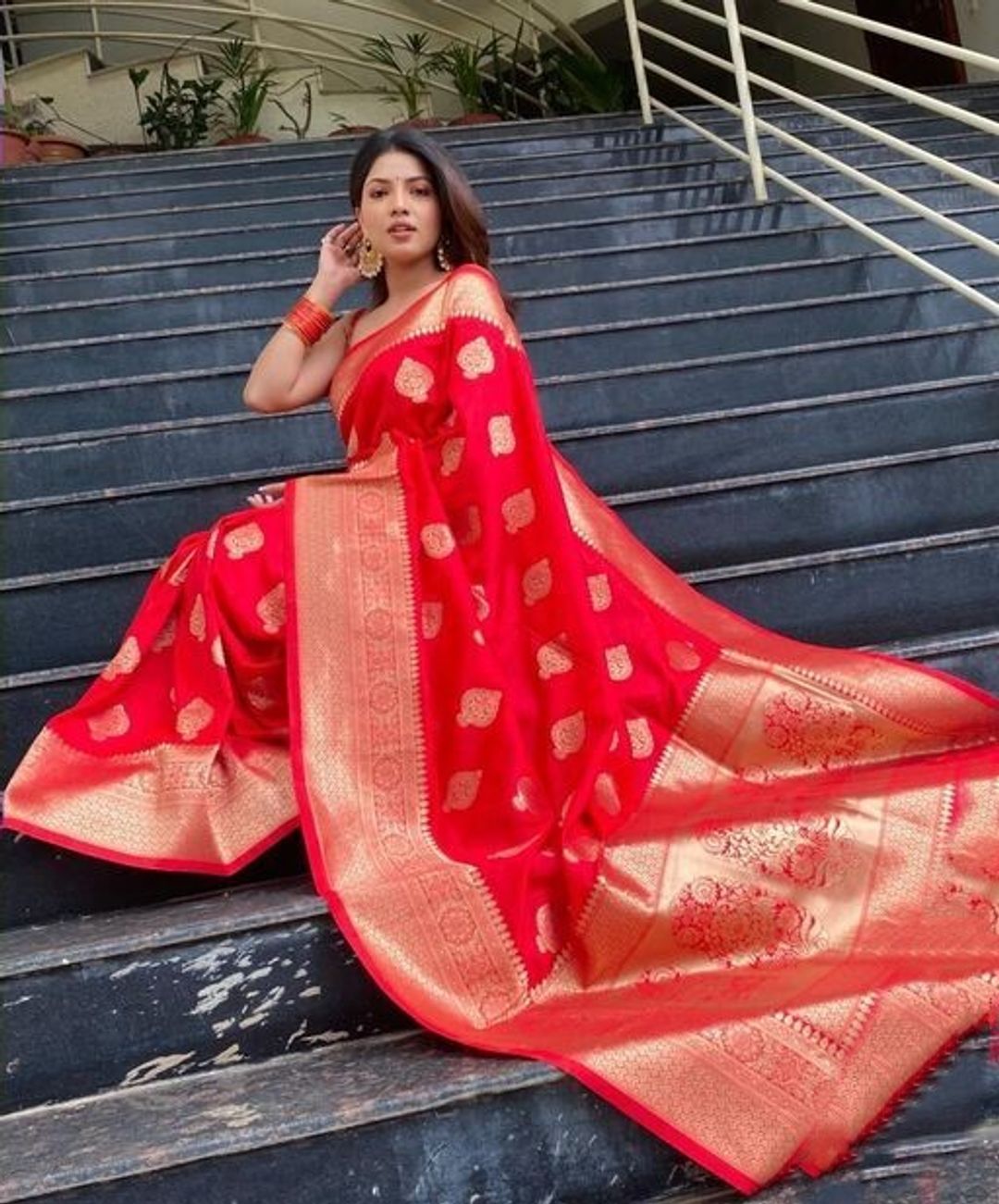 Red Banarasi Soft Silk Saree with Antique Gold Woven Border