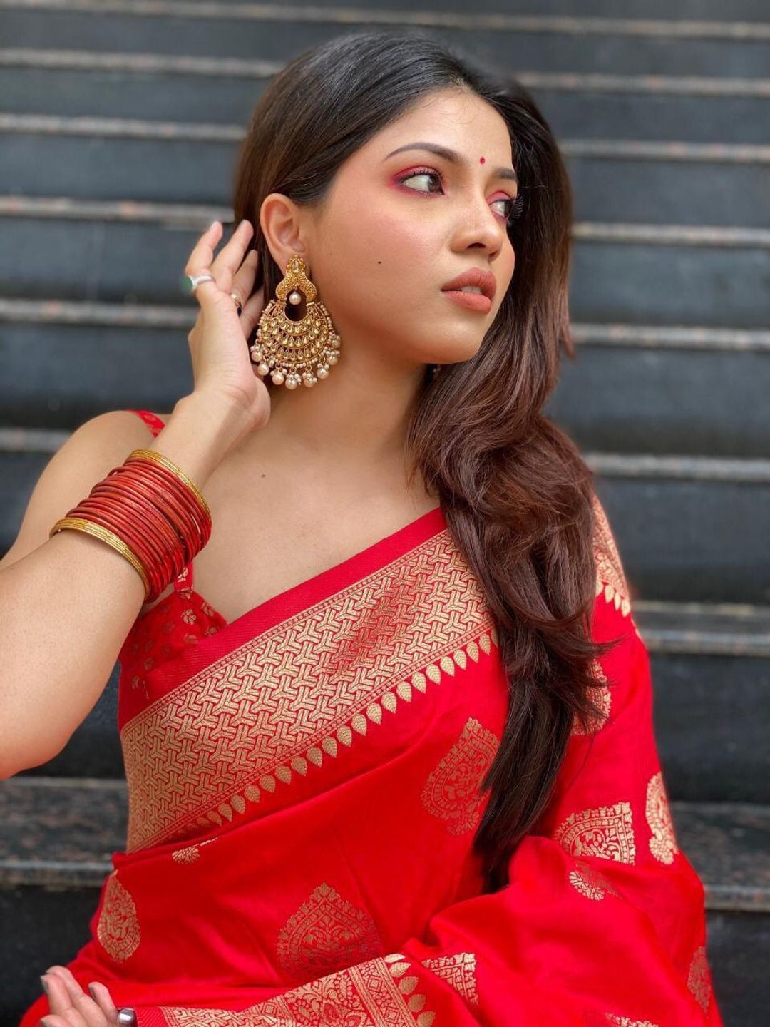 Red Banarasi Soft Silk Saree with Antique Gold Woven Border