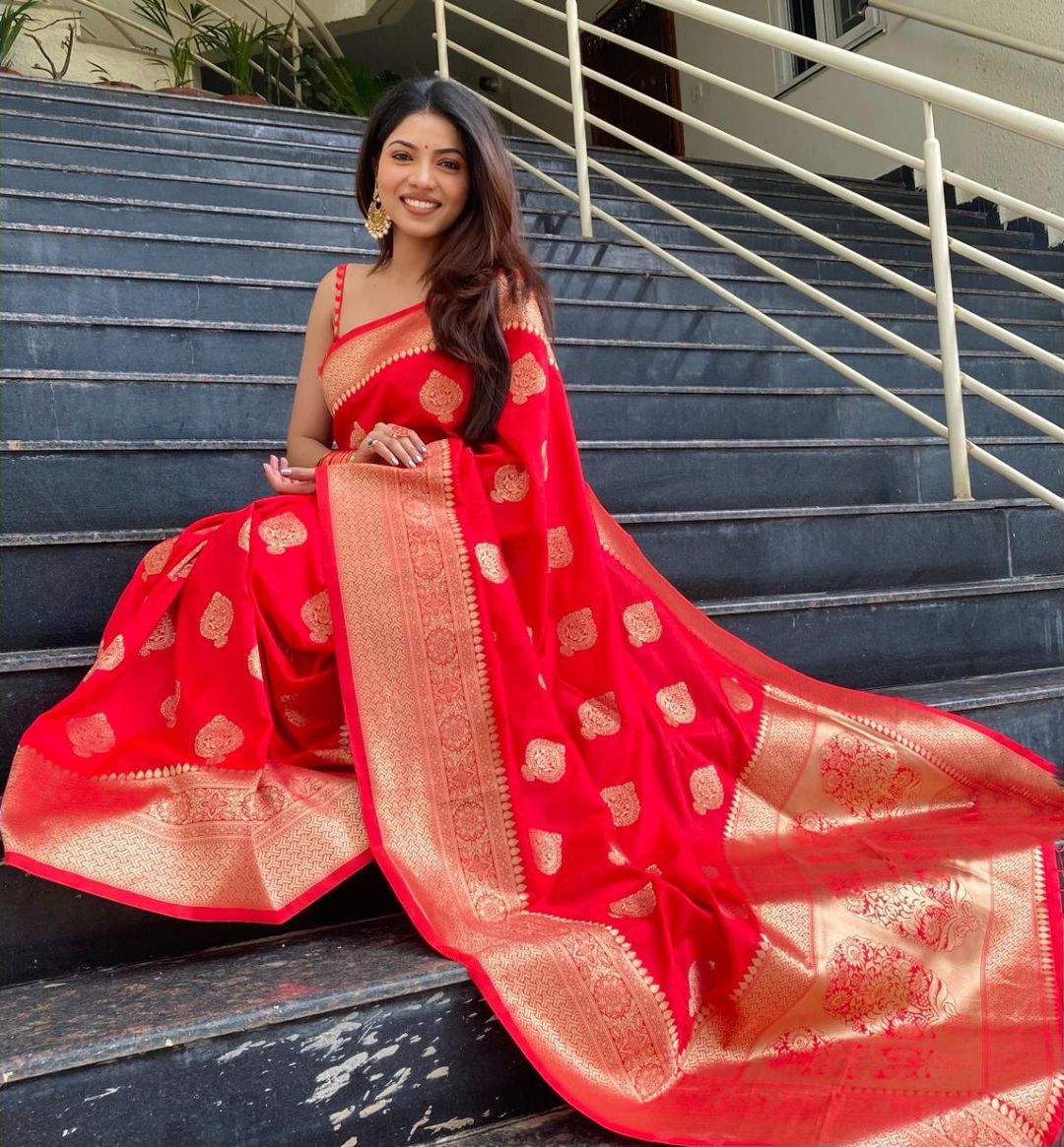 Red Banarasi Soft Silk Saree with Antique Gold Woven Border
