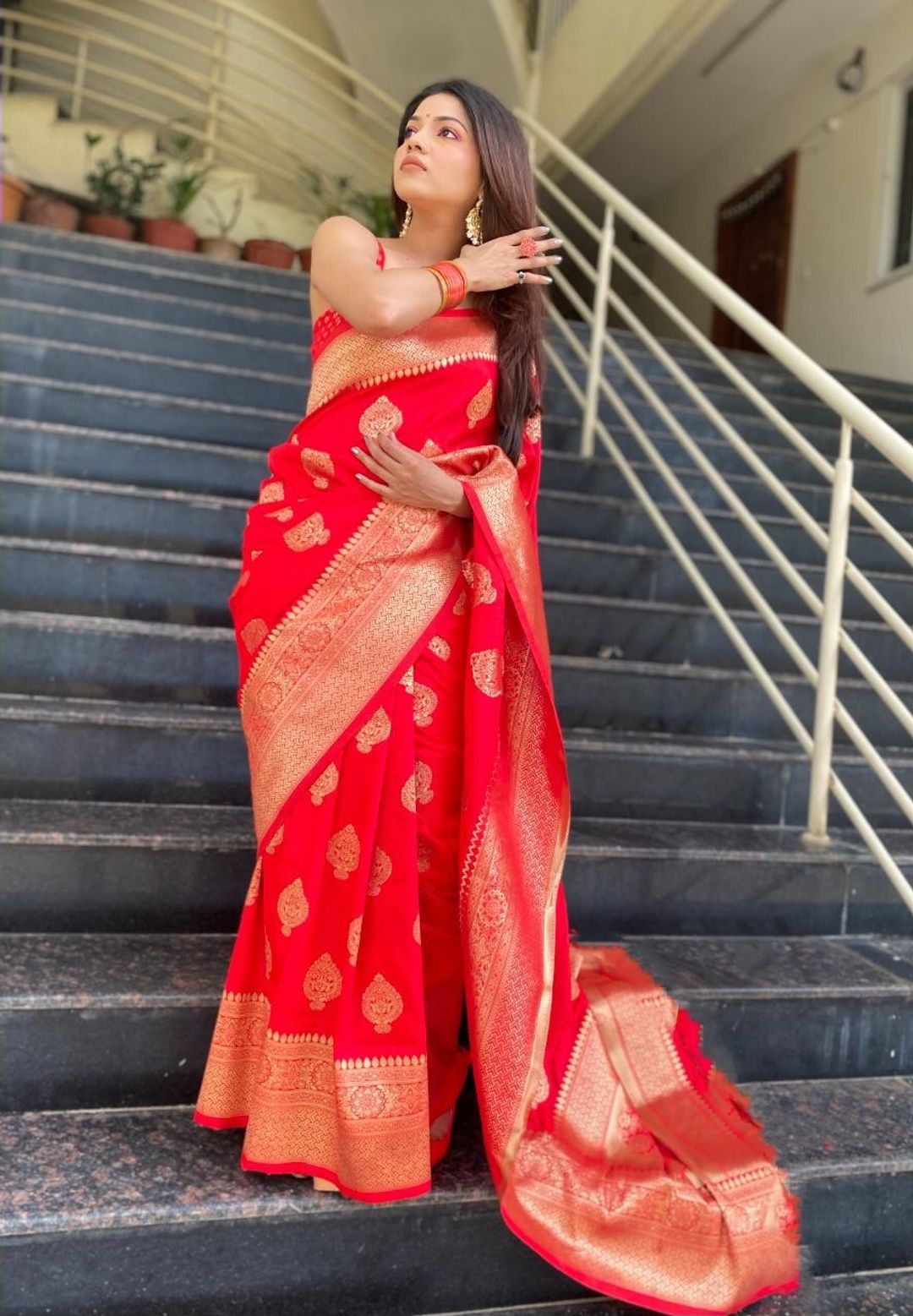 Red Banarasi Soft Silk Saree with Antique Gold Woven Border