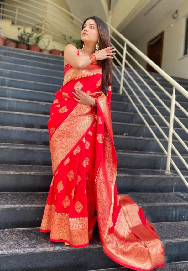Red Banarasi Soft Silk Saree with Antique Gold Woven Border