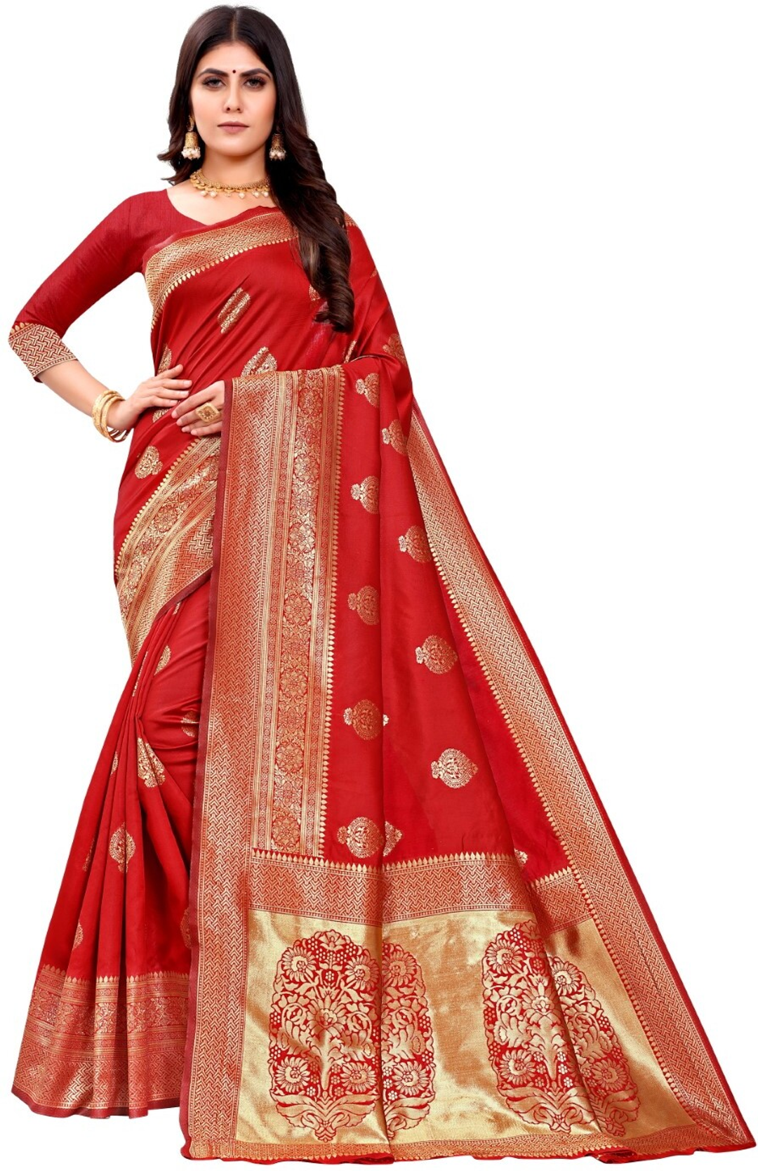 Red Banarasi Soft Silk Saree with Antique Gold Woven Border