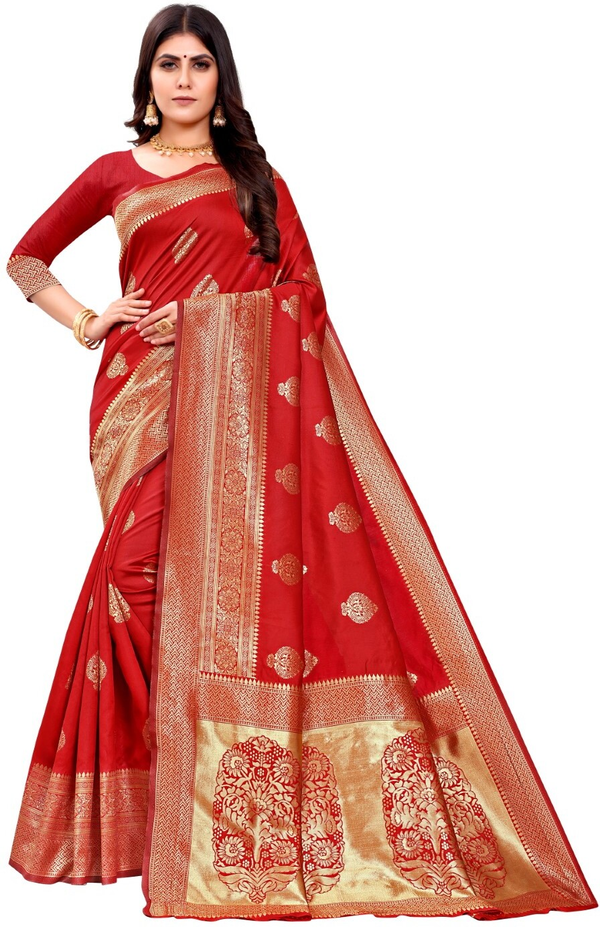 Red Banarasi Soft Silk Saree with Antique Gold Woven Border