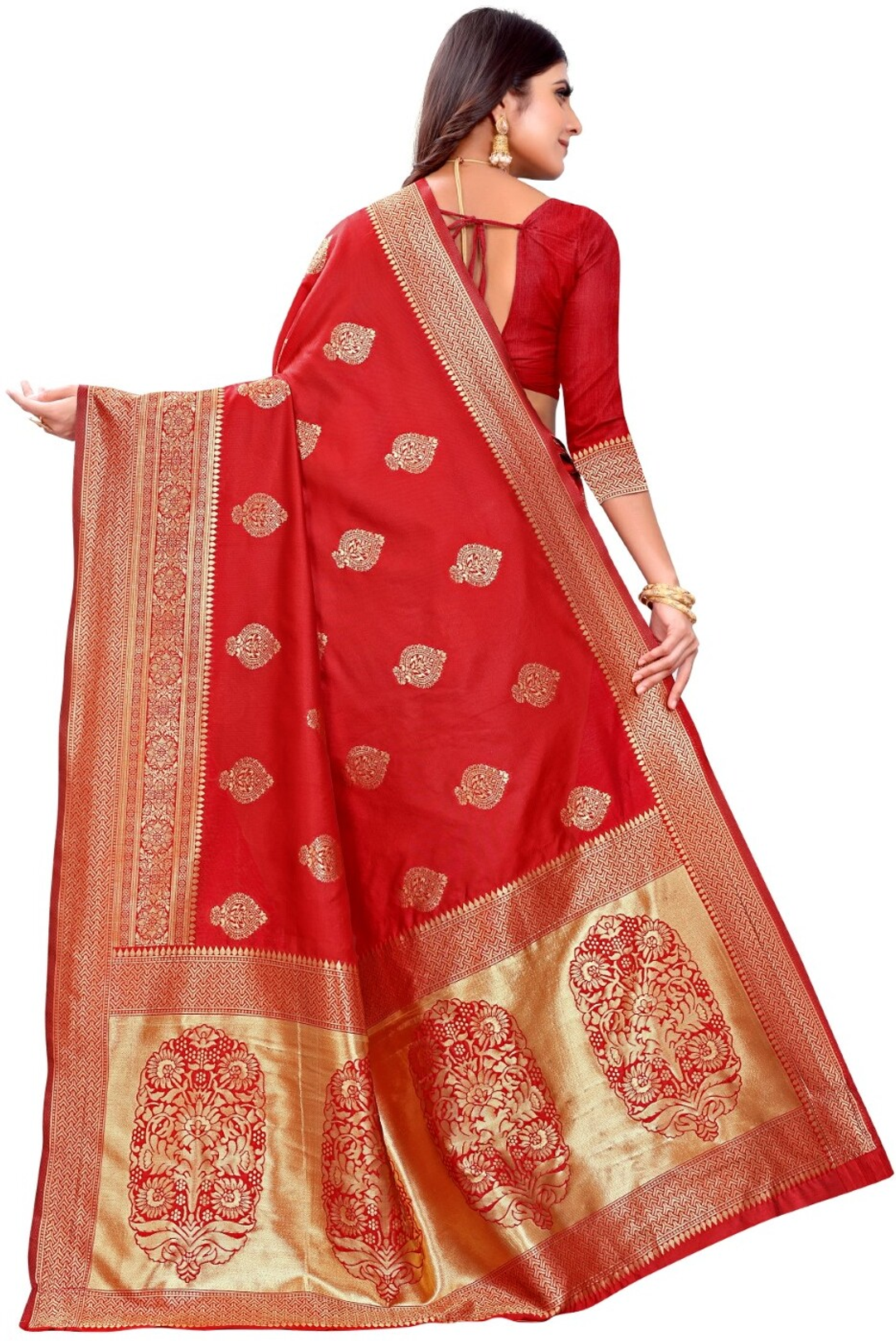 Red Banarasi Soft Silk Saree with Antique Gold Woven Border