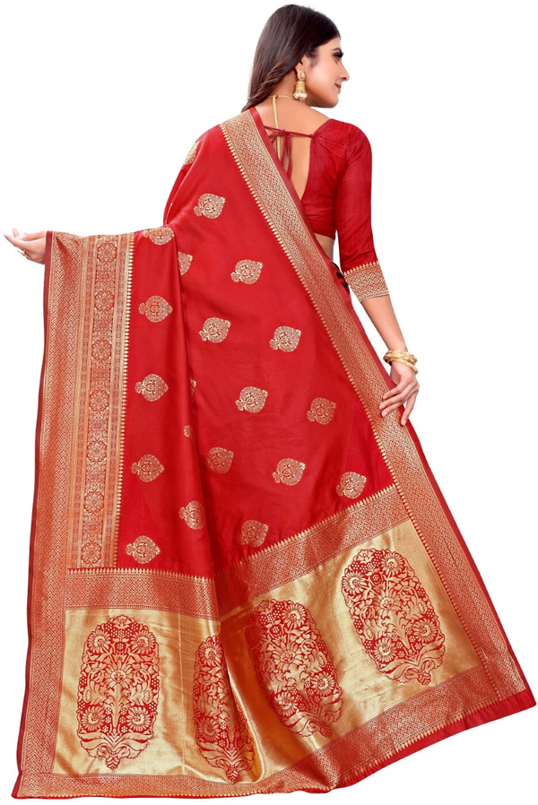 Red Banarasi Soft Silk Saree with Antique Gold Woven Border