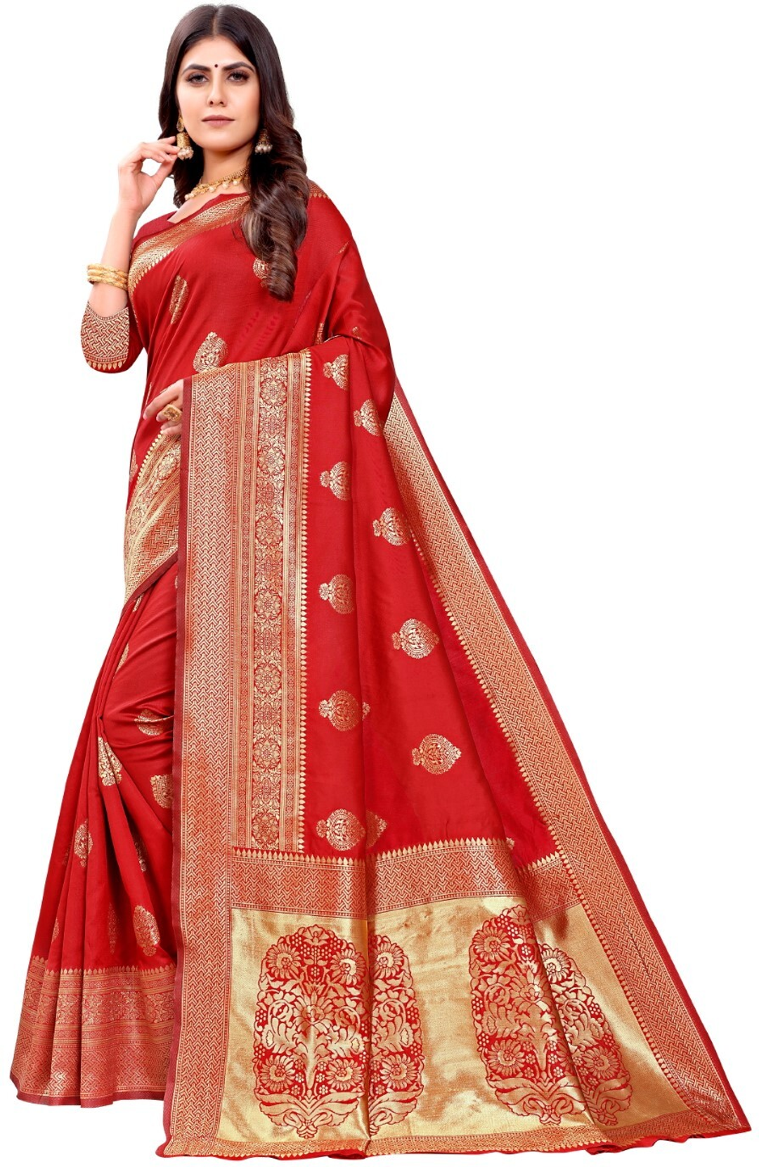Red Banarasi Soft Silk Saree with Antique Gold Woven Border