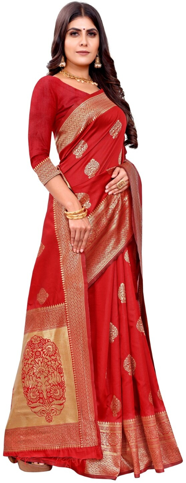 Red Banarasi Soft Silk Saree with Antique Gold Woven Border