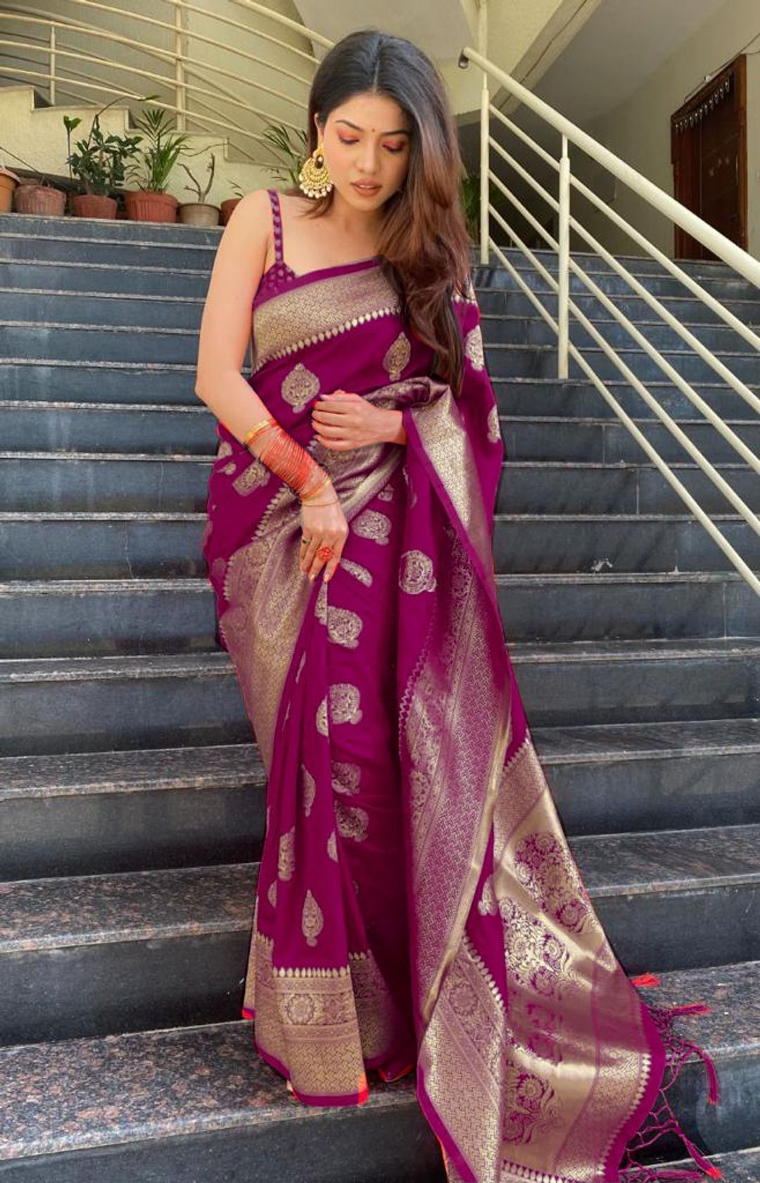 Wine Purple Banarasi Soft Silk Saree with Gold Motifs