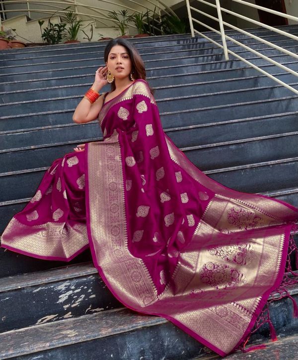 Wine Purple Banarasi Soft Silk Saree with Gold Motifs