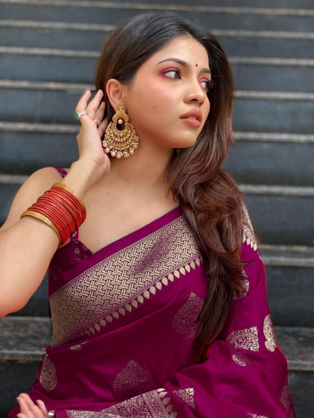 Wine Purple Banarasi Soft Silk Saree with Gold Motifs