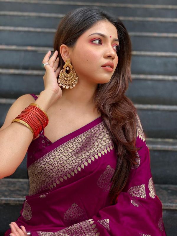 Wine Purple Banarasi Soft Silk Saree with Gold Motifs