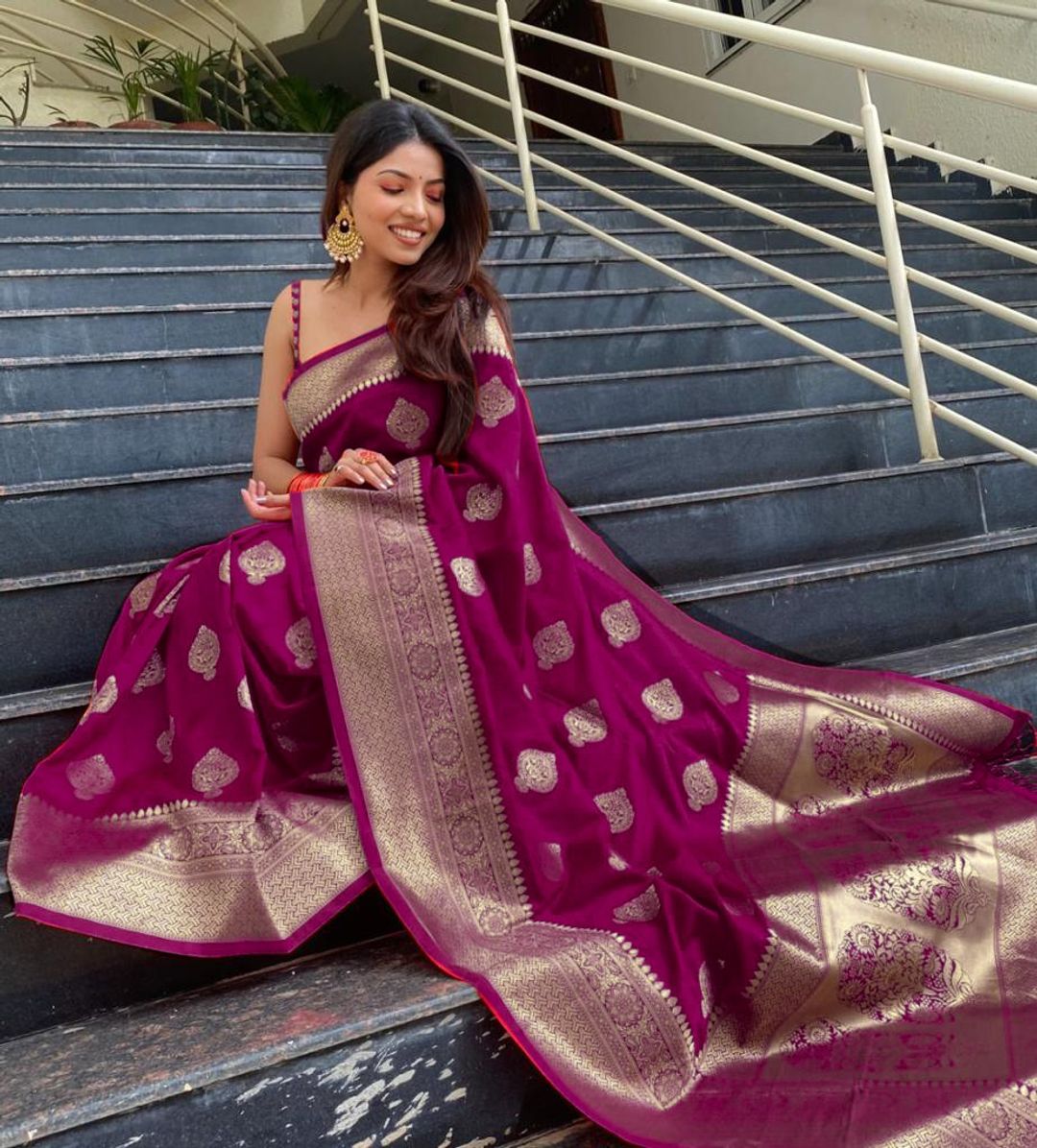 Wine Purple Banarasi Soft Silk Saree with Gold Motifs