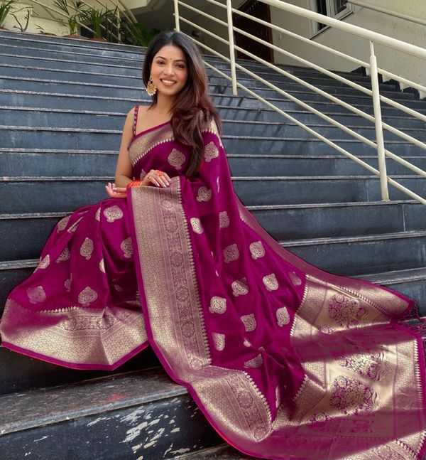 Wine Purple Banarasi Soft Silk Saree with Gold Motifs