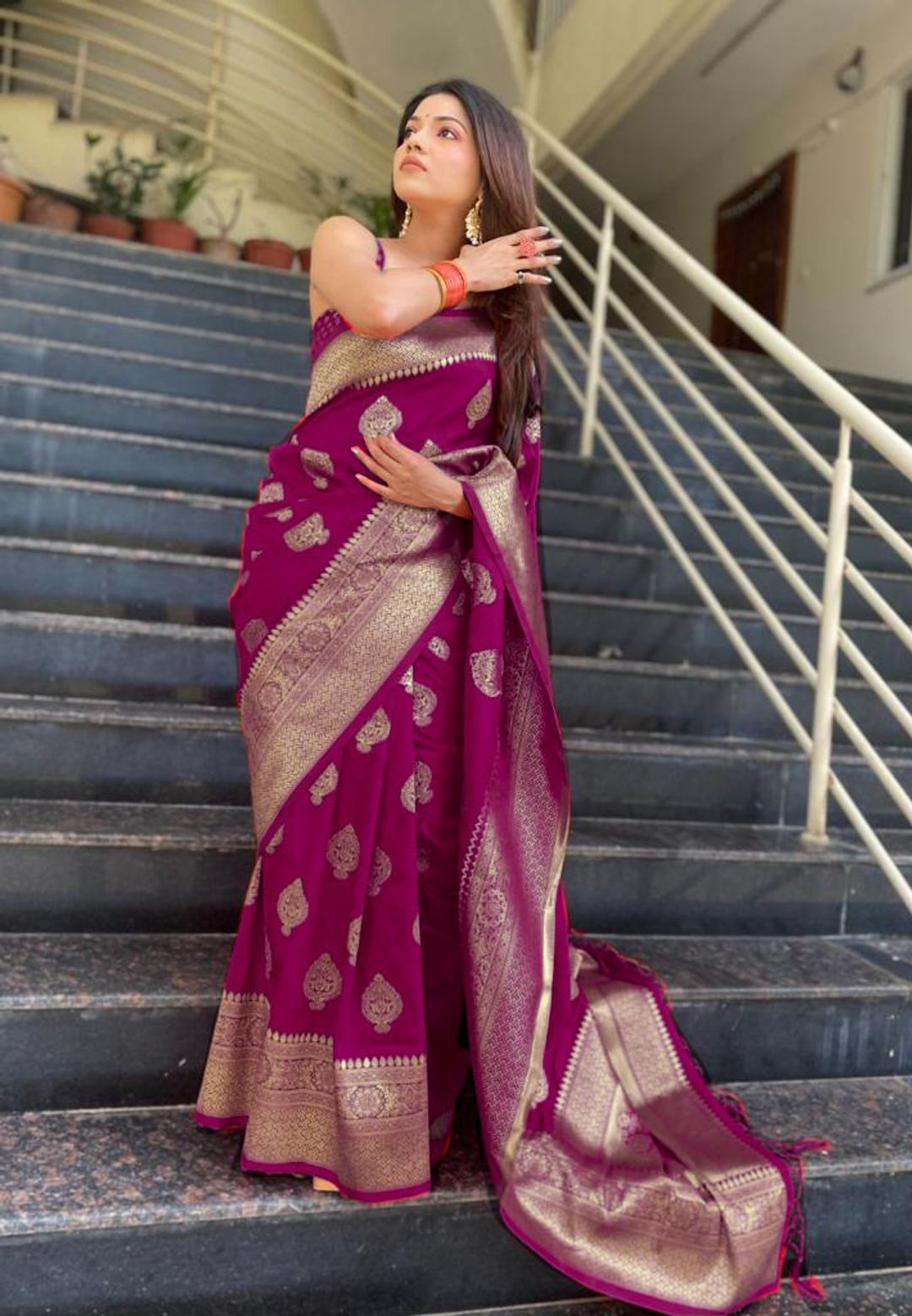Wine Purple Banarasi Soft Silk Saree with Gold Motifs