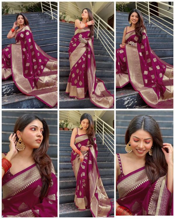 Wine Purple Banarasi Soft Silk Saree with Gold Motifs