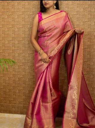 Rani Pink Banarasi Soft Silk Saree with Gold Zari Border