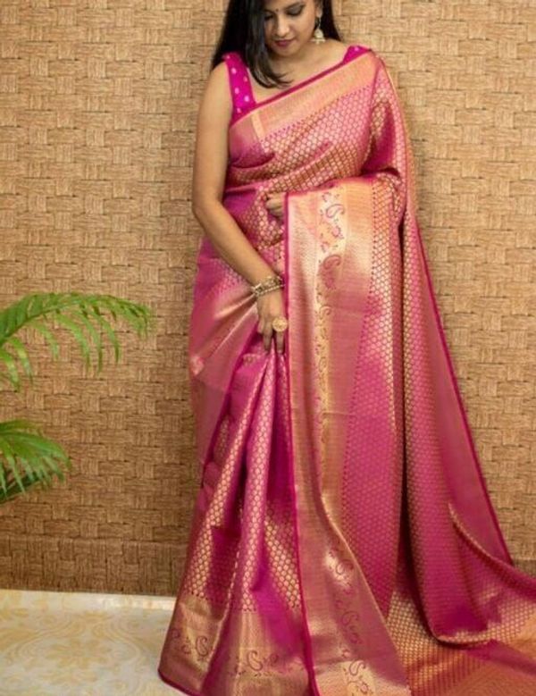 Rani Pink Banarasi Soft Silk Saree with Gold Zari Border