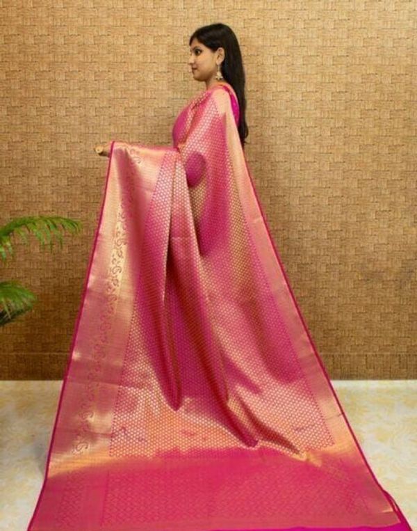 Rani Pink Banarasi Soft Silk Saree with Gold Zari Border