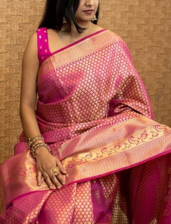 Rani Pink Banarasi Soft Silk Saree with Gold Zari Border