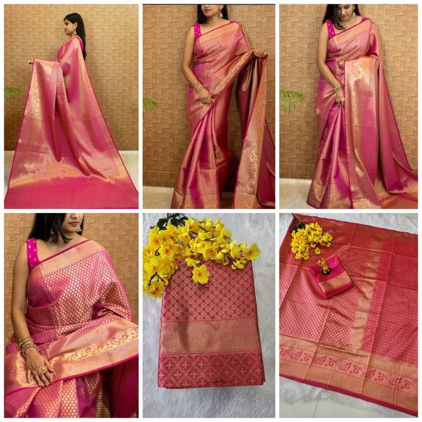 Rani Pink Banarasi Soft Silk Saree with Gold Zari Border