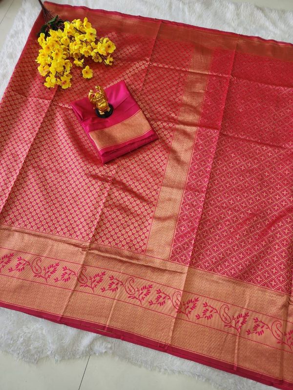 Rani Pink Banarasi Soft Silk Saree with Gold Zari Border