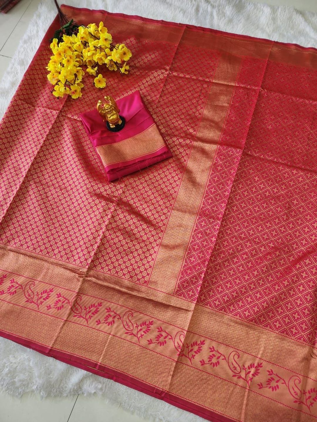Rani Pink Banarasi Soft Silk Saree with Gold Zari Border