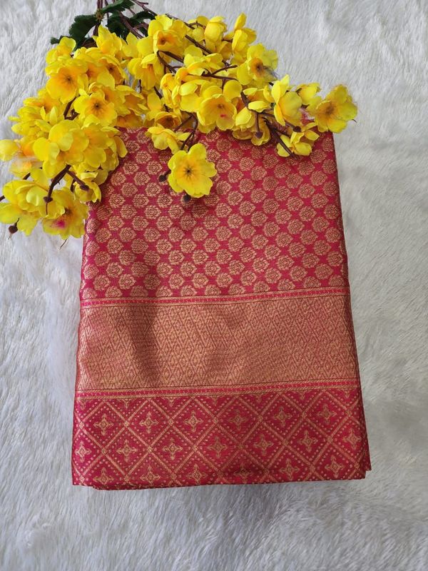 Rani Pink Banarasi Soft Silk Saree with Gold Zari Border