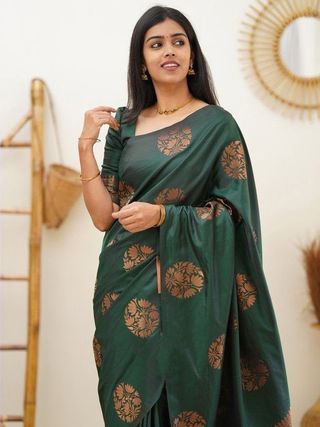 Bottle Green Banarasi Soft Silk Saree with Copper Gold Floral Motifs