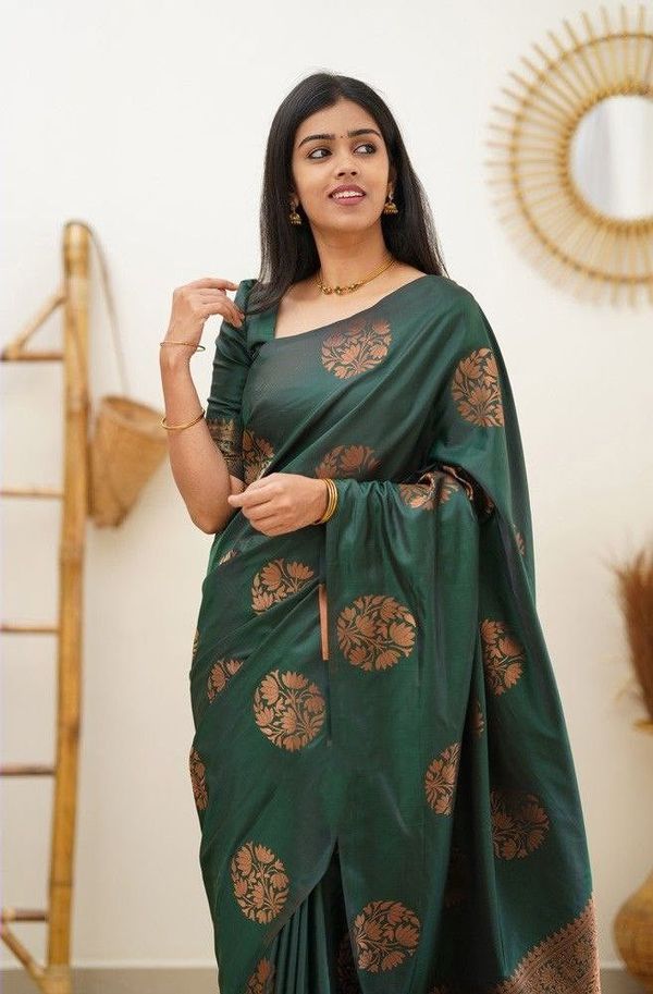Bottle Green Banarasi Soft Silk Saree with Copper Gold Floral Motifs