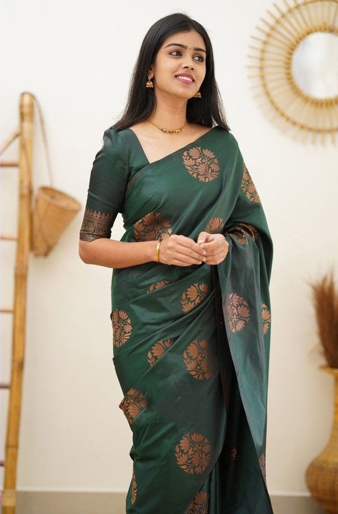 Bottle Green Banarasi Soft Silk Saree with Copper Gold Floral Motifs