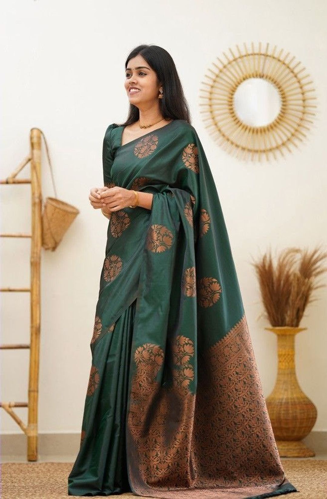 Bottle Green Banarasi Soft Silk Saree with Copper Gold Floral Motifs