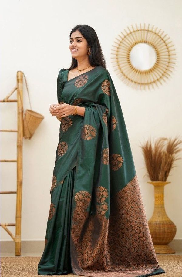 Bottle Green Banarasi Soft Silk Saree with Copper Gold Floral Motifs