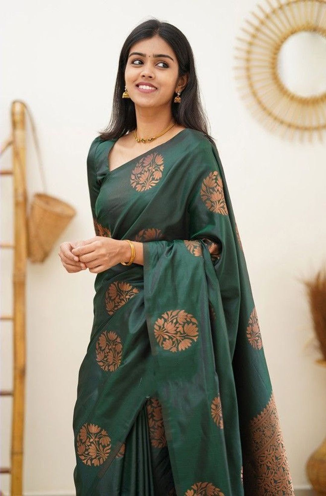 Bottle Green Banarasi Soft Silk Saree with Copper Gold Floral Motifs
