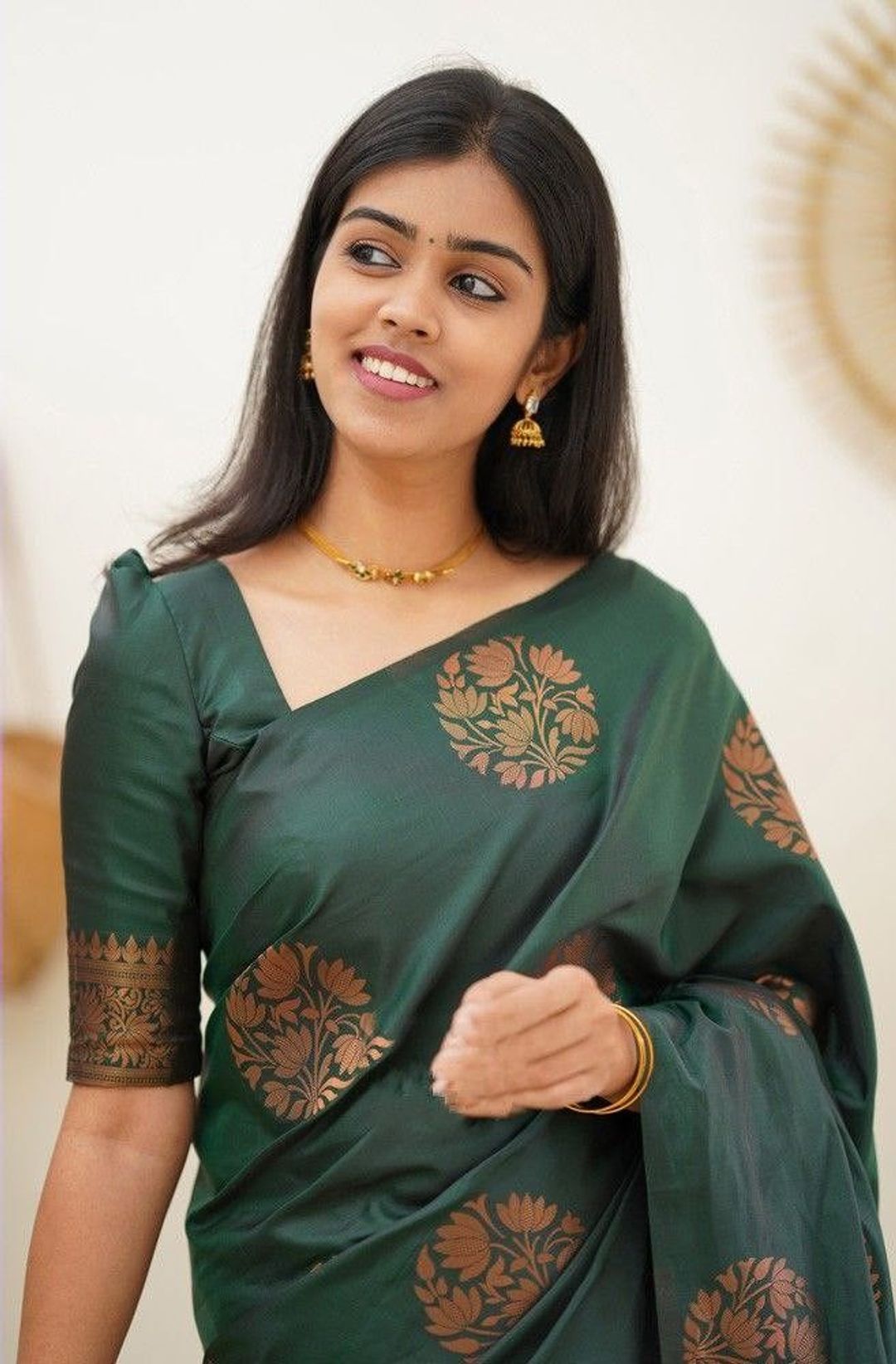 Bottle Green Banarasi Soft Silk Saree with Copper Gold Floral Motifs