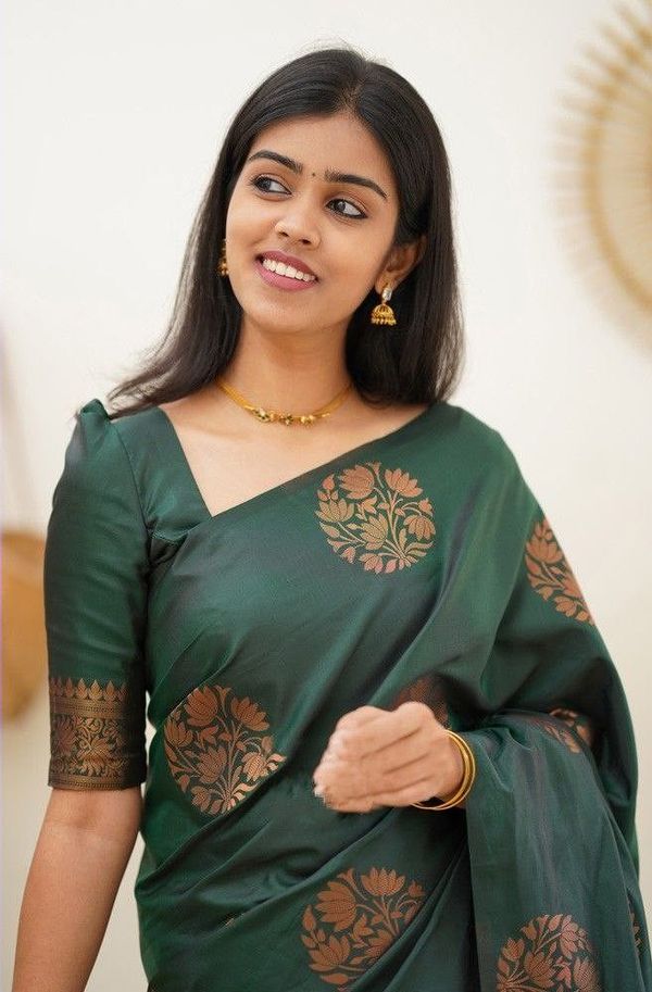 Bottle Green Banarasi Soft Silk Saree with Copper Gold Floral Motifs