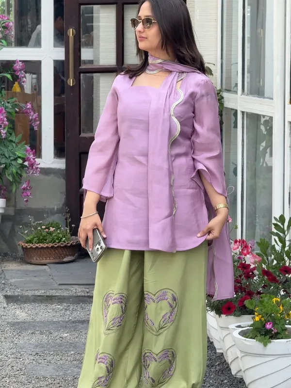 Lavender Chanderi Kurta with Olive Embroidered Palazzo Suit