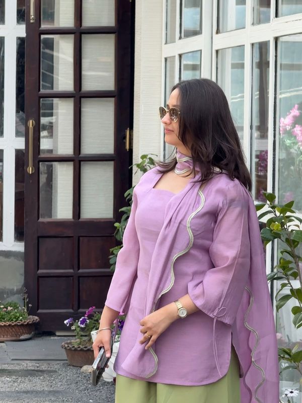 Lavender Chanderi Kurta with Olive Embroidered Palazzo Suit